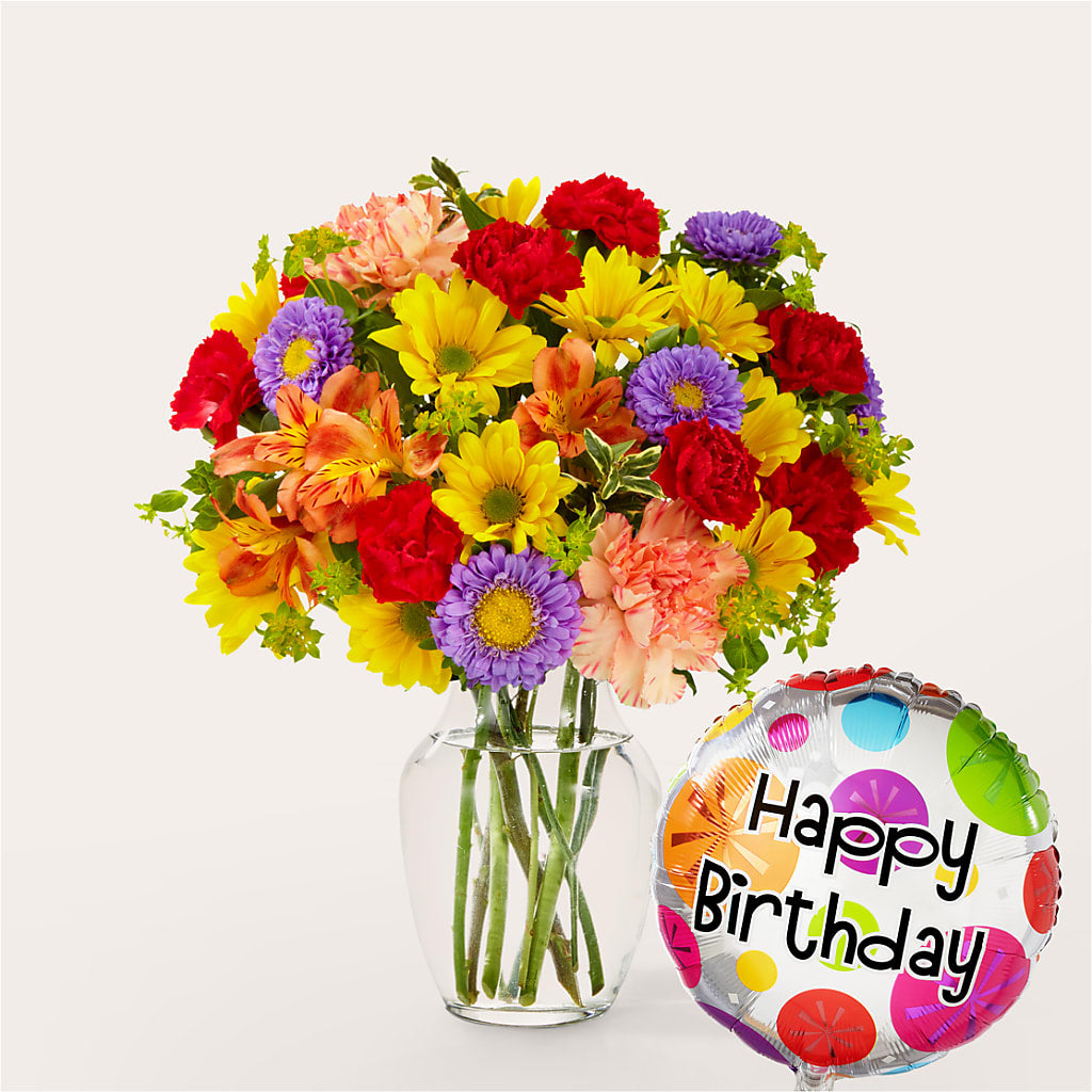 Kaleidoscope Bouquet with Birthday Balloon – MELINDA MCCOY'S FLOWERS, Long Beach CA
