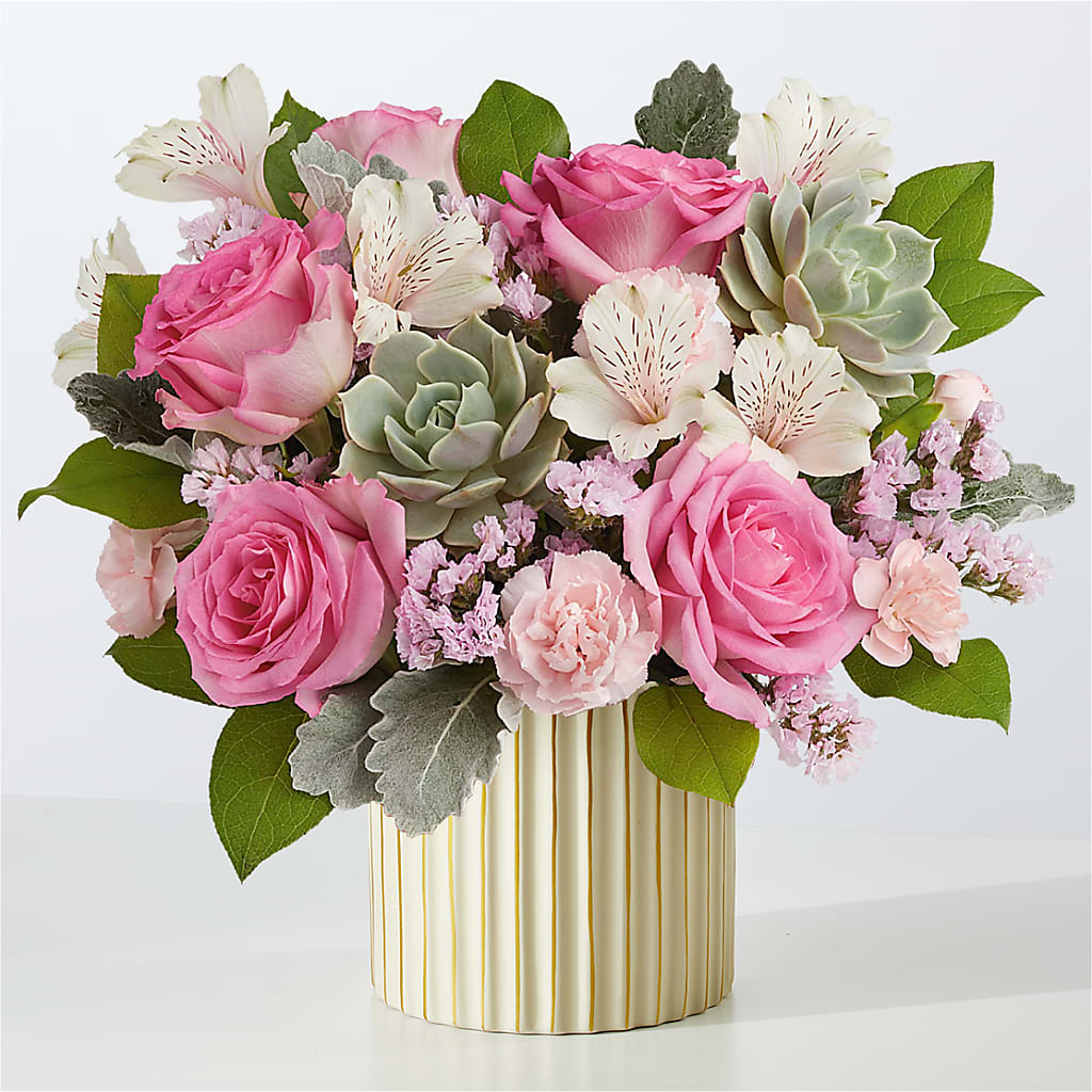 Dusty Rose Bouquet with Ivory Vase – MELINDA MCCOY'S FLOWERS, Long Beach CA