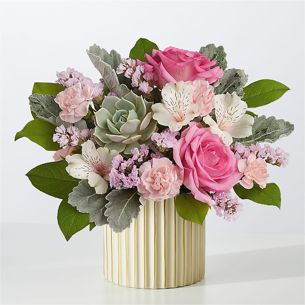 Dusty Rose Bouquet with Ivory Vase – MELINDA MCCOY'S FLOWERS, Long Beach CA
