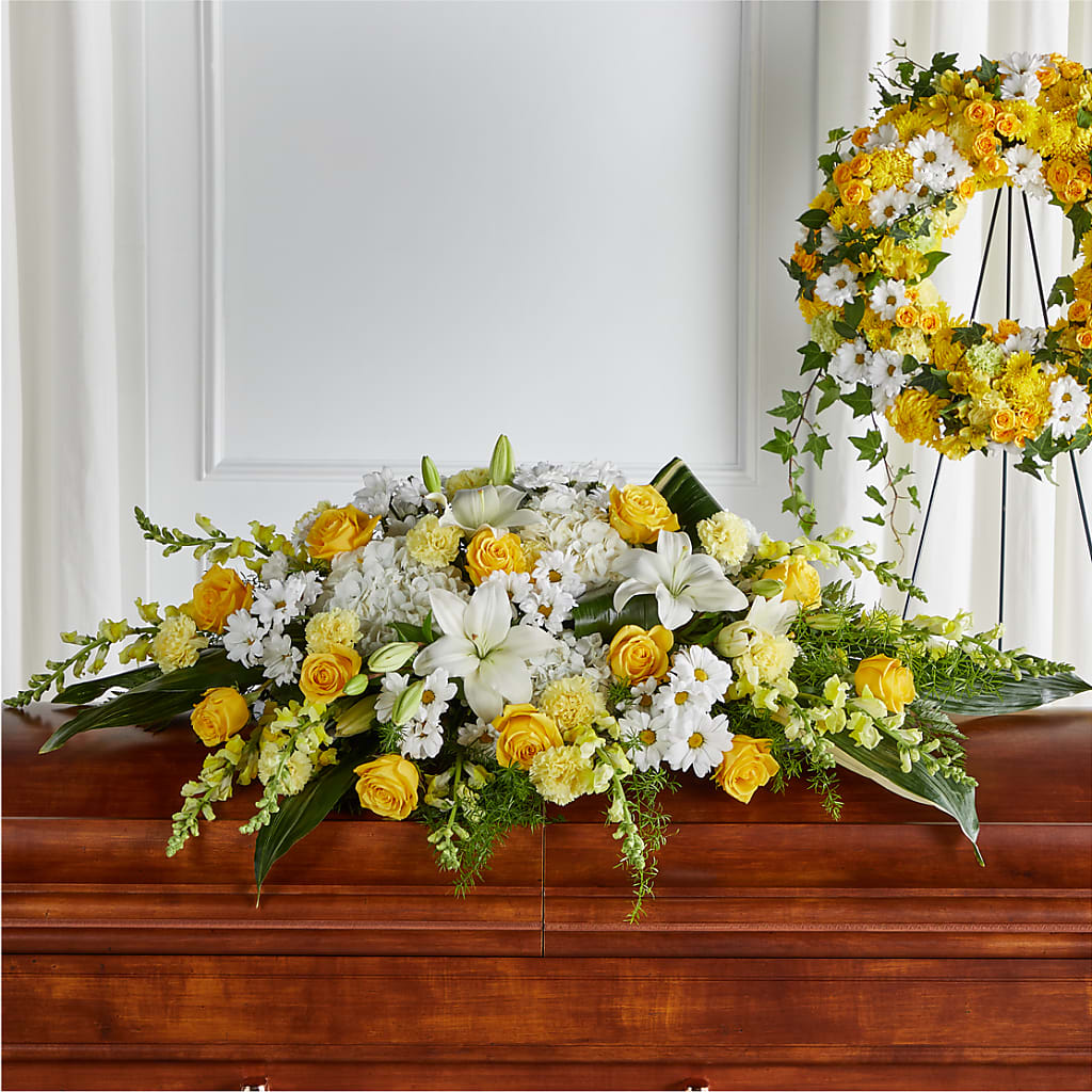 Golden Harmony Casket Spray – MELINDA MCCOY'S FLOWERS, Long Beach CA