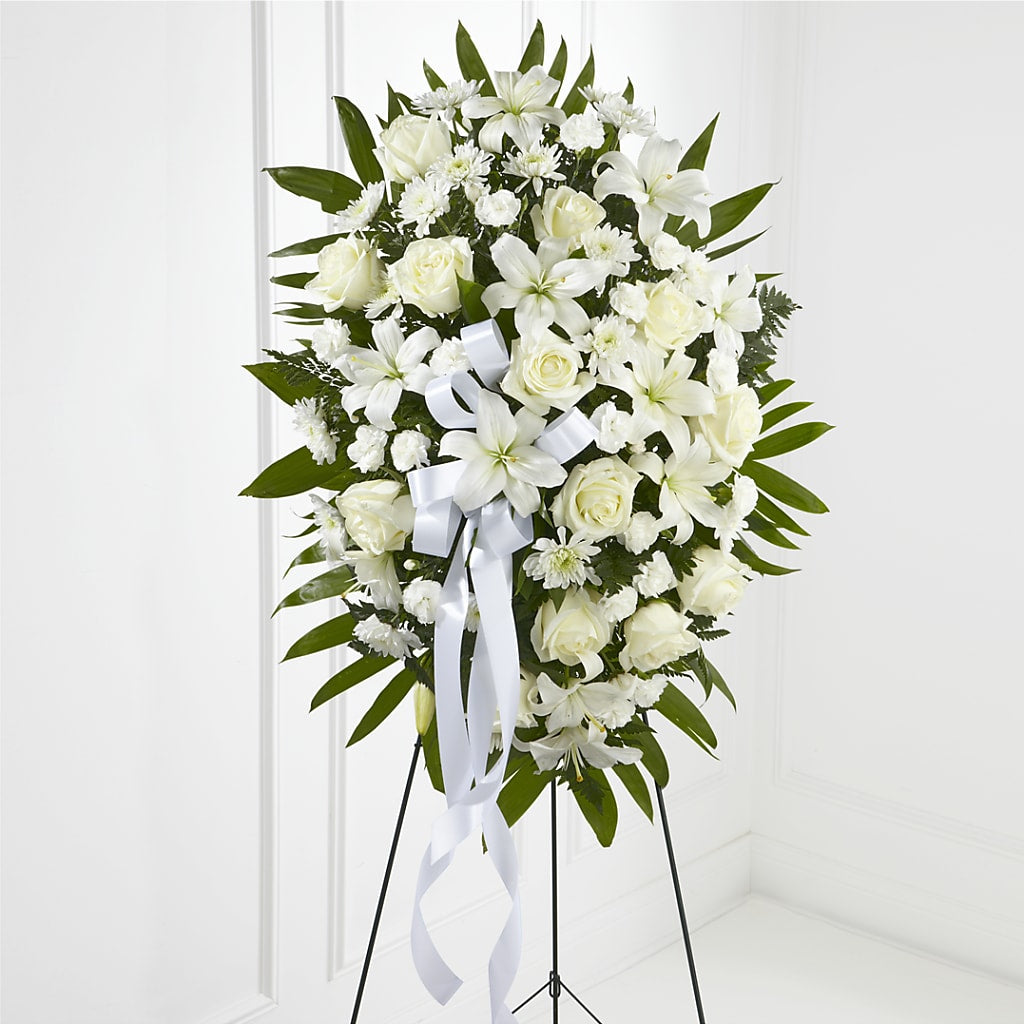 Exquisite Tribute Standing Spray-White Ribbon – MELINDA MCCOY'S FLOWERS, Long Beach CA