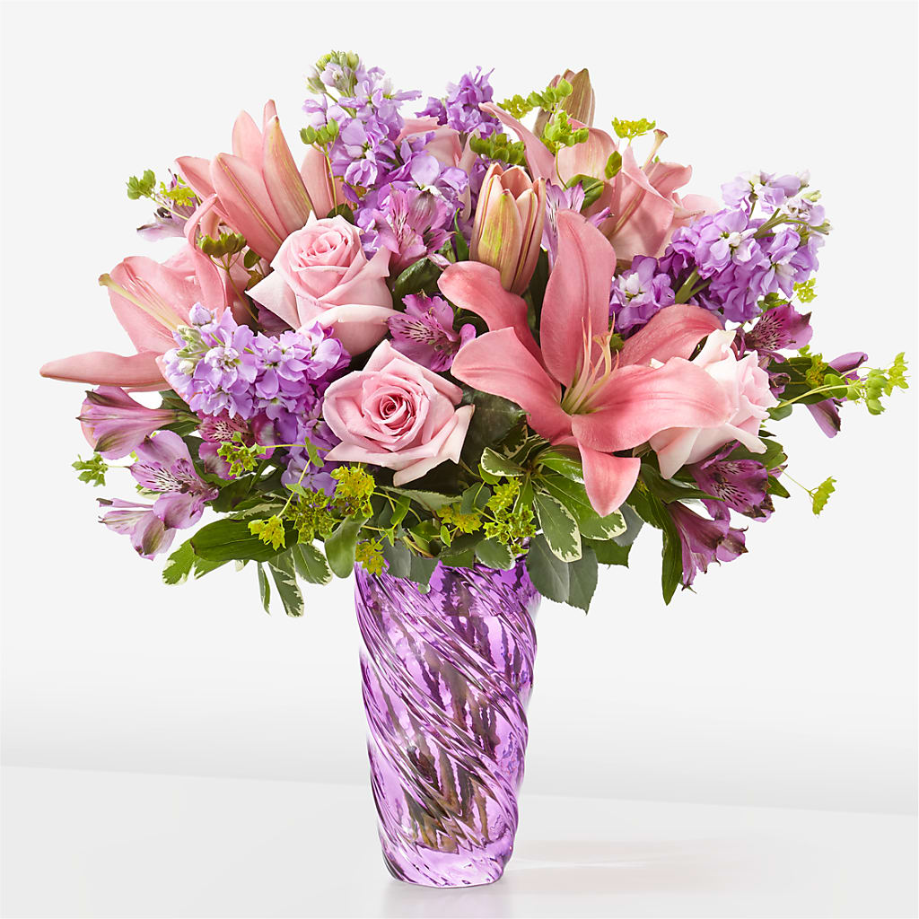 Precious Petals Bouquet with Luxe Swirl Vase – MELINDA MCCOY'S FLOWERS, Long Beach CA