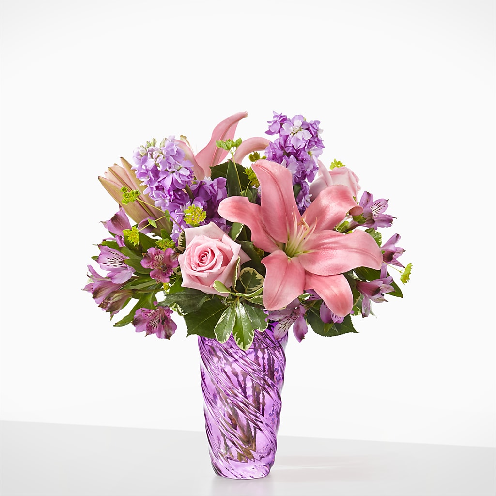 Precious Petals Bouquet with Luxe Swirl Vase – MELINDA MCCOY'S FLOWERS, Long Beach CA