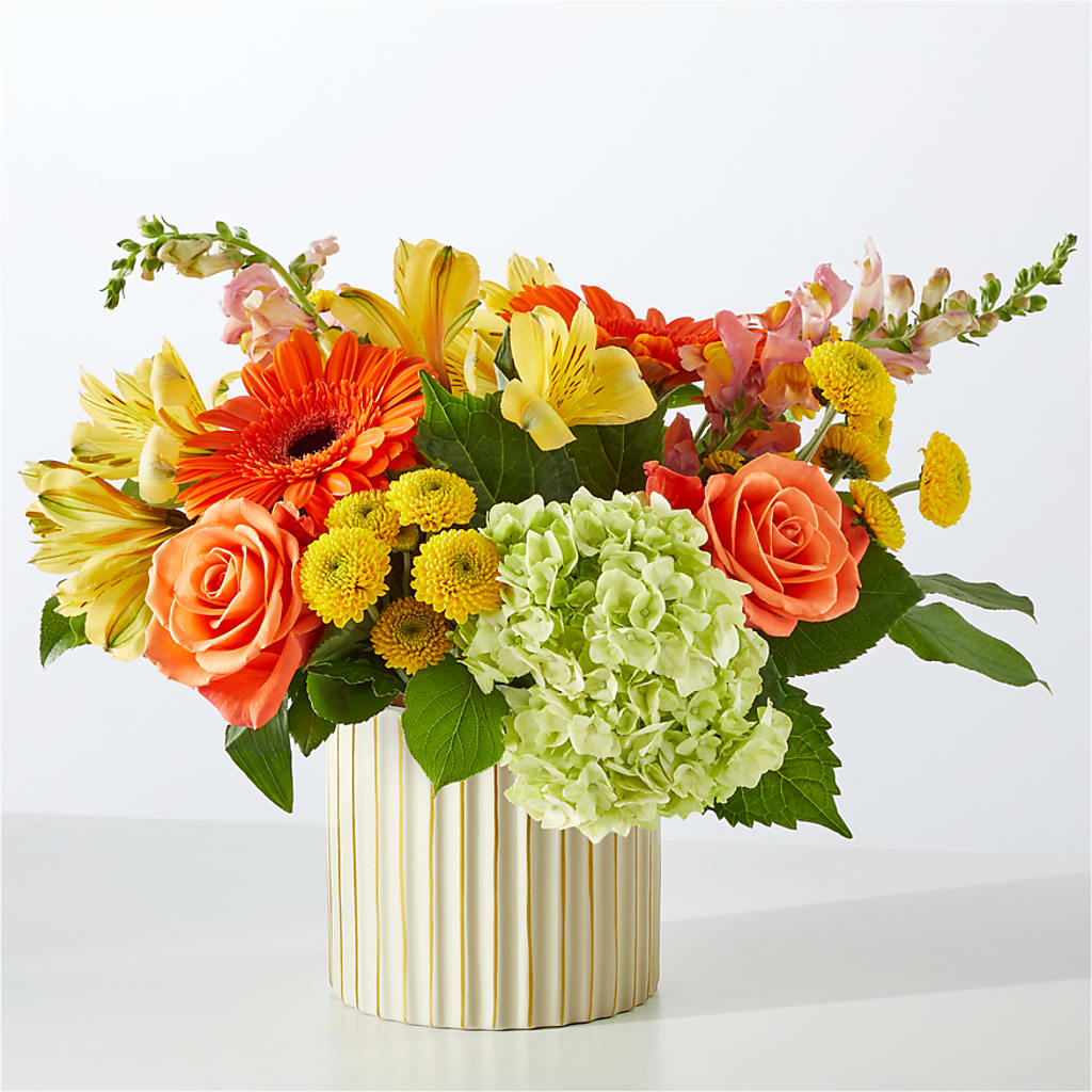 Autumn Sunshine Bouquet with Ivory Vase – MELINDA MCCOY'S FLOWERS, Long Beach CA