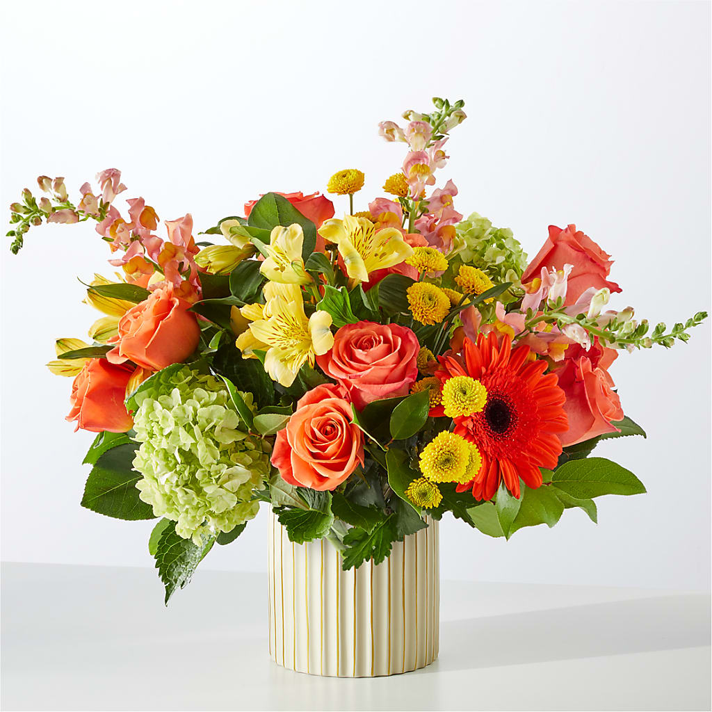 Autumn Sunshine Bouquet with Ivory Vase – MELINDA MCCOY'S FLOWERS, Long Beach CA