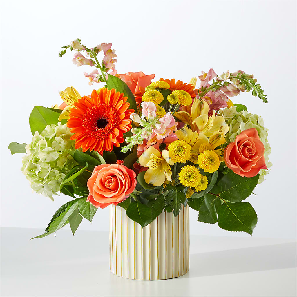 Autumn Sunshine Bouquet with Ivory Vase – MELINDA MCCOY'S FLOWERS, Long Beach CA